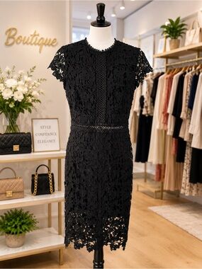 JODIFL Black Floral Lace Midi Dress Size M Elegant Cocktail Party Dress